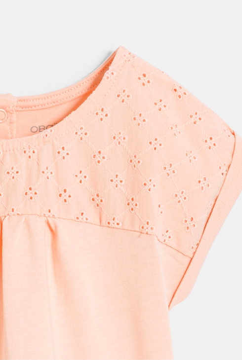 T-shirt bi-matière broderie anglaise rose bébé fille