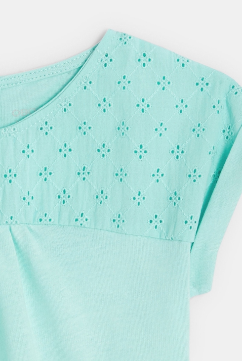 T-shirt bi-matière broderie anglaise bleu bébé fille