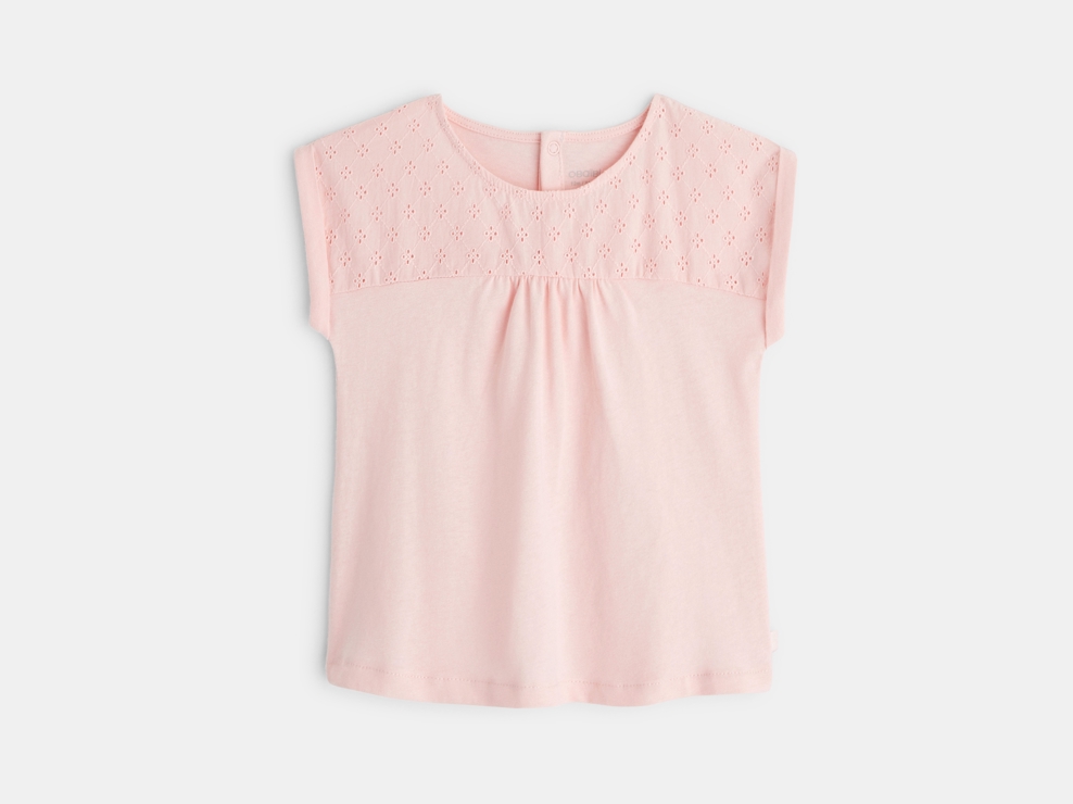 T-shirt bi-matière broderie anglaise rose bébé fille 1
