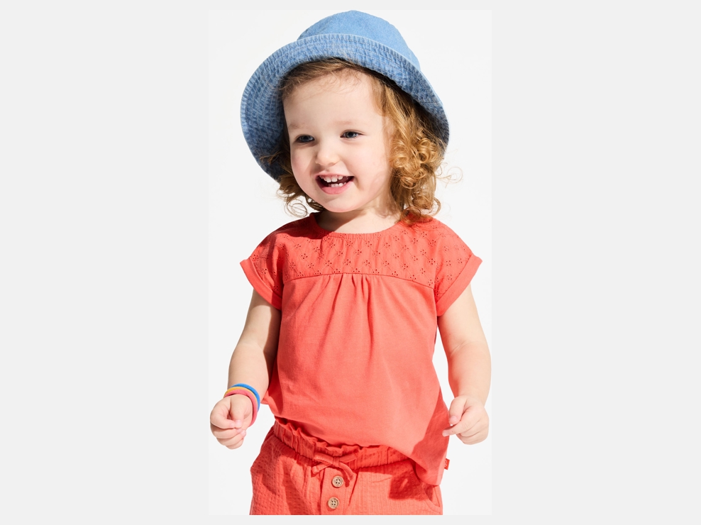 T-shirt bi-matière broderie anglaise orange bébé fille 1