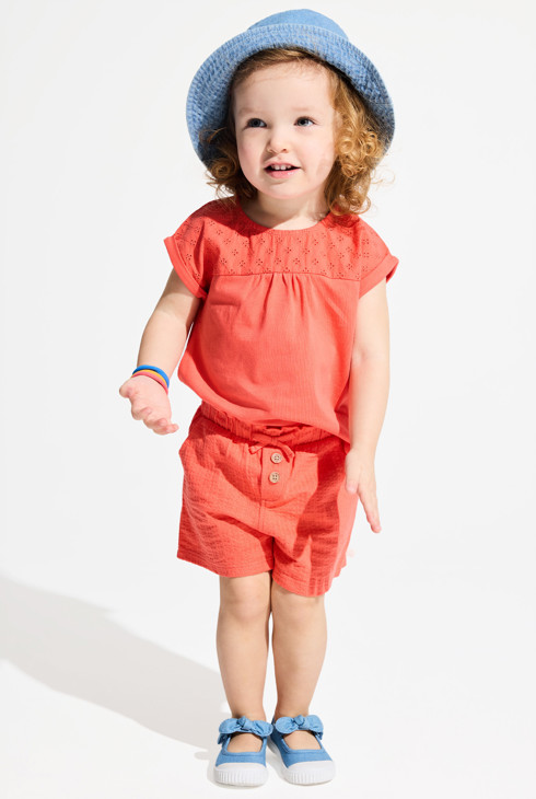 T-Shirt aus zwei Materialien mit englischer Stickerei Orange Baby Mädchen 2