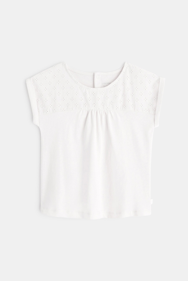 T-shirt bi-matière broderie anglaise blanc bébé fille 1