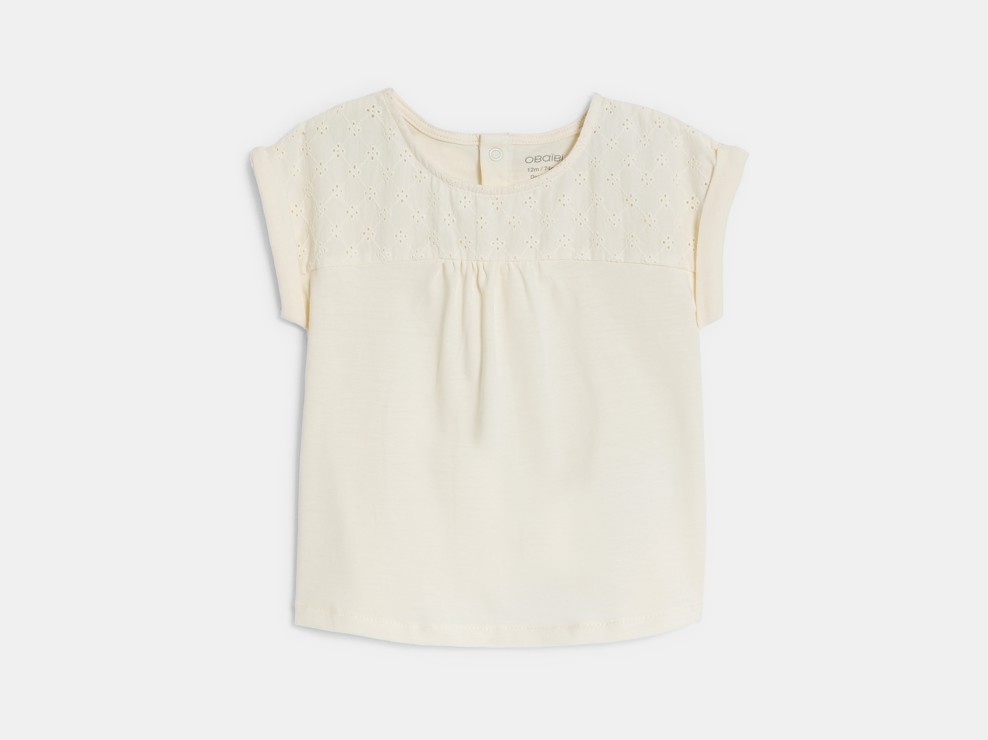 T-shirt bi-matière broderie anglaise blanc bébé fille 1