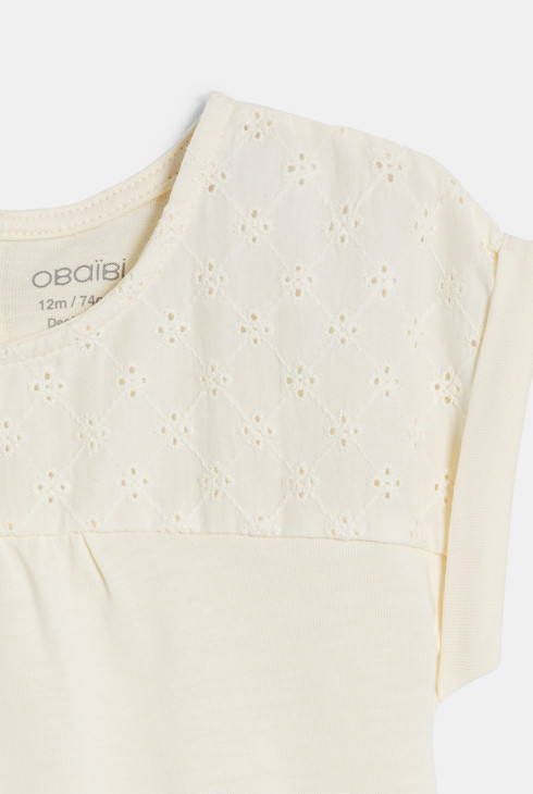 Weißes Mädchen-T-Shirt aus zwei Materialien mit Lochstickerei für Kleinkinder 2