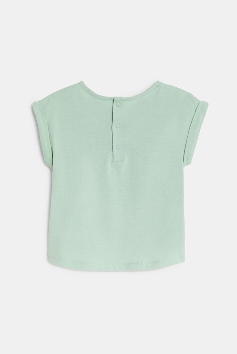 Grünes Mädchen-T-Shirt aus zwei Materialien mit Lochstickerei für Kleinkinder 2