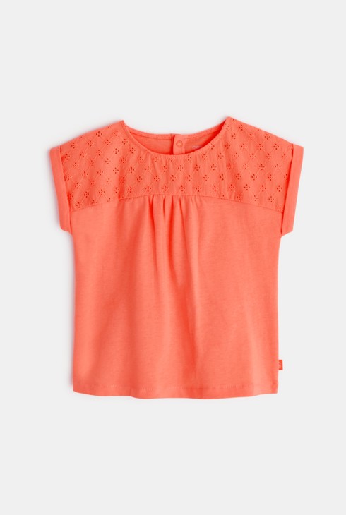 T-shirt bi-matière broderie anglaise orange bébé fille 1