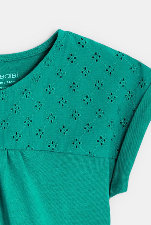 T-shirt z łączonych materiałów z haftem angielskim zielony niemowlę dziewczynka 2