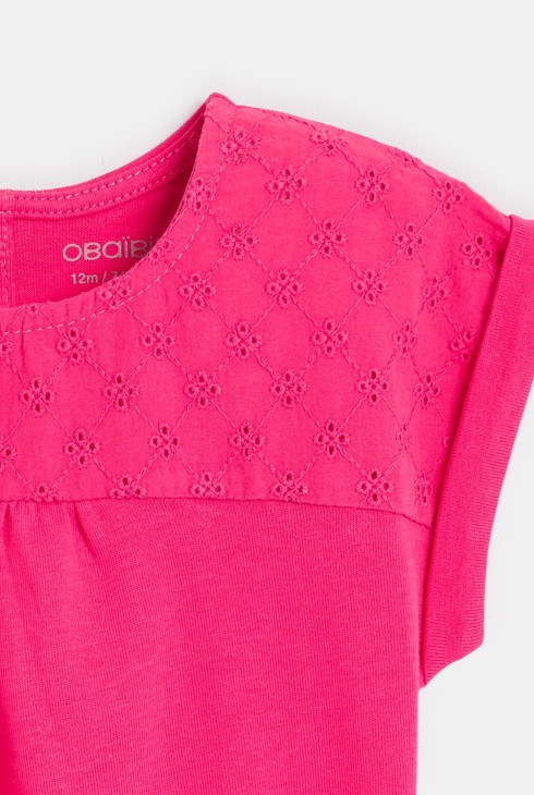 T-shirt bi-matière broderie anglaise rose bébé fille 2