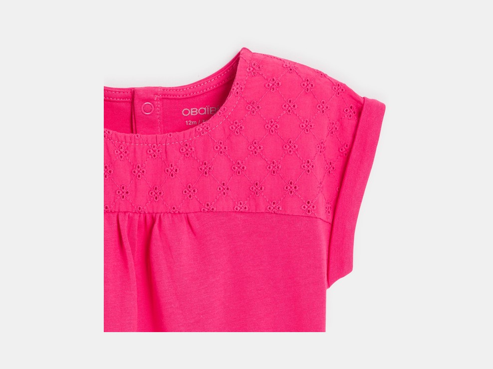 T-shirt bi-matière broderie anglaise rose bébé fille 2
