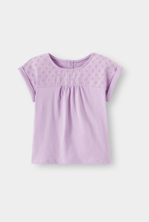 T-Shirt zwei Materialien Lochstickerei violett Kleinkind Mädchen 1