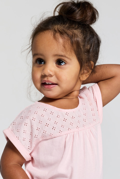 T-shirt bi-matière broderie anglaise rose bébé fille 1