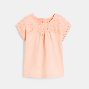 Baby girl's pink two-fabric T-shirt with broderie anglaise 1