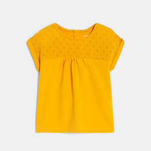 Baby girl's yellow two-fabric T-shirt with broderie anglaise 1