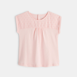 T-shirt van twee materialen met Engelse borduursels roze babymeisje 1