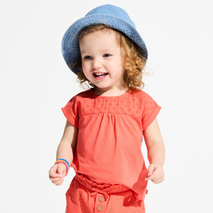 T-shirt van twee materialen met Engelse borduursels oranje babymeisje 1