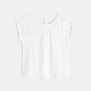 T-shirt bi-matière broderie anglaise blanc bébé fille 1