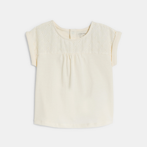 Wit T-shirt van twee materialen met broderie anglaise voor babymeisjes 1