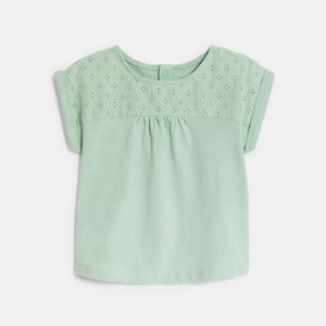 Groen T-shirt van twee materialen met broderie anglaise voor babymeisjes 1