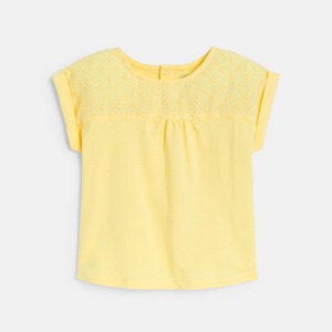 Baby girl's yellow two-fabric T-shirt with broderie anglaise 1