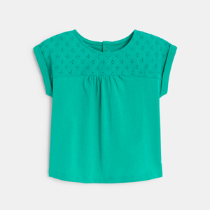 Baby girl's green two-fabric T-shirt with broderie anglaise 1