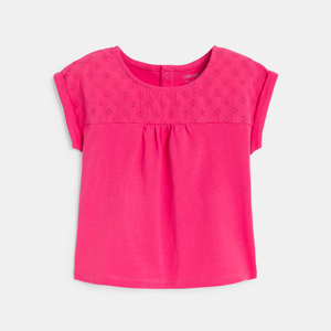 T-shirt bi-matière broderie anglaise rose bébé fille 1