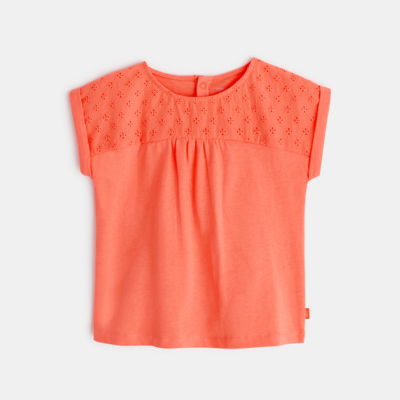 T-Shirt aus zwei Materialien mit englischer Stickerei Orange Baby Mädchen