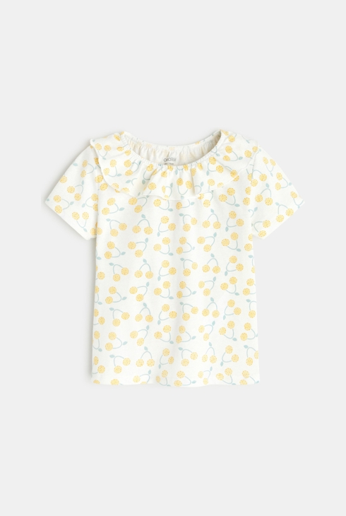 T-shirt col volanté maille fantaisie jaune bébé fille 1