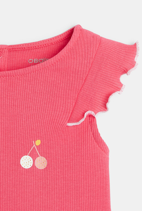 Majica brez rokavov iz rebrastega pletiva z volančki rožnata dojenček deklica 2