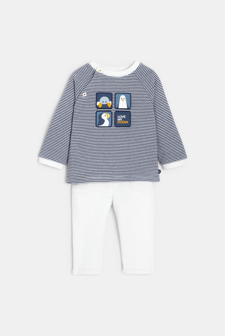 Pull rayé et pantalon molleton bleu naissance 1