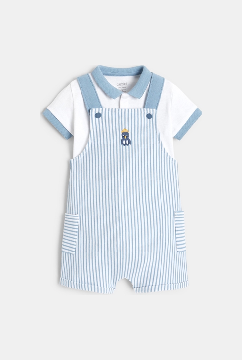 Kurze gestreifte Latzhose und Body mit Polokragen Blau Geburt 1