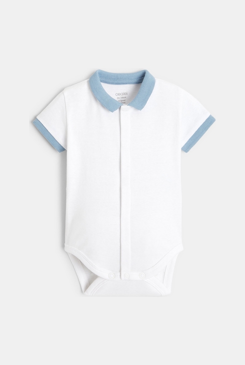 Kurze gestreifte Latzhose und Body mit Polokragen Blau Geburt 2