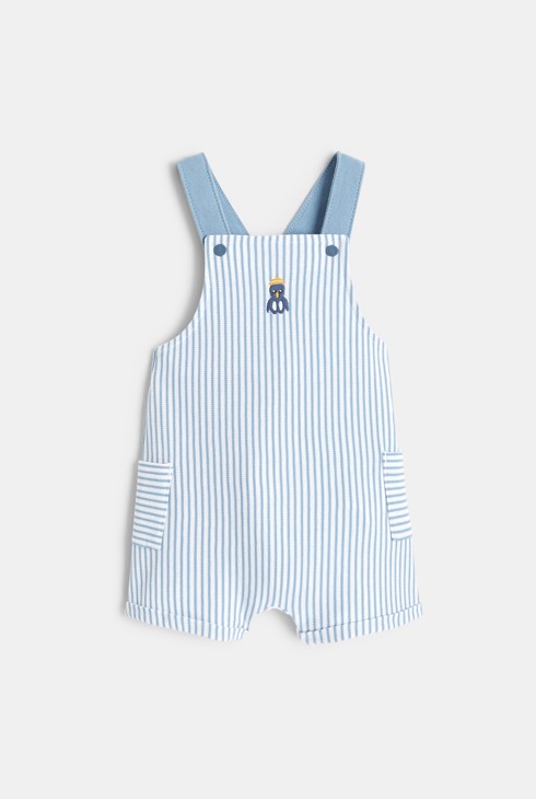 Short striped overalls and bodysuit with polo collar. 2