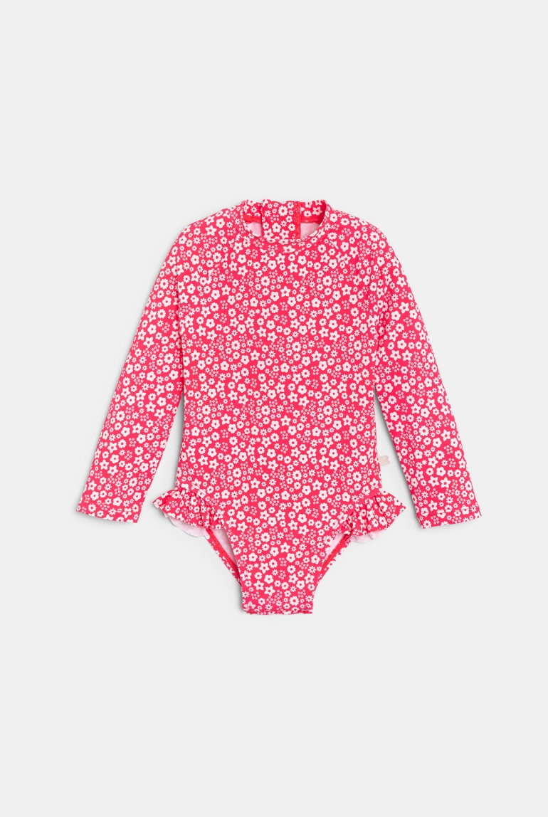Combi de bain anti UV fleurie rose bébé fille 1