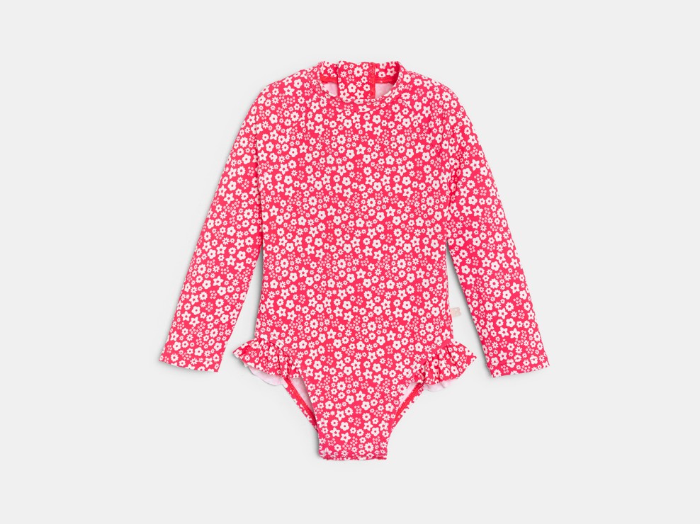 Combi de bain anti UV fleurie rose bébé fille 1
