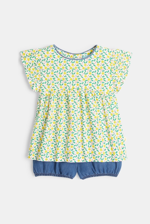 Potiskana bluza in spodnje hlačke iz denima  rumena dojenček deklica 1