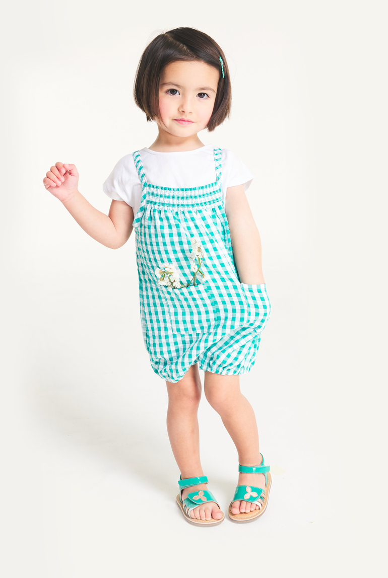 Salopette en vichy et tee-shirt uni verte bébé fille 1