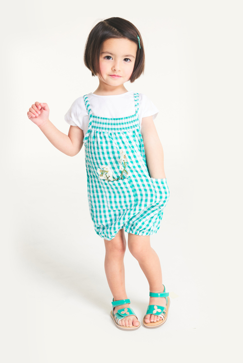 Salopette en vichy et tee-shirt uni verte bébé fille 1