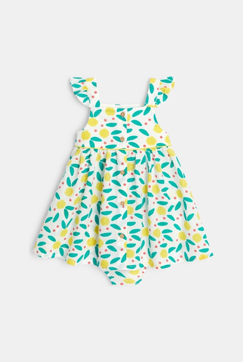 Vafljasta obleka z naramnicami s potiskom limonic in kratke hlačke  rumena dojenček deklica 1