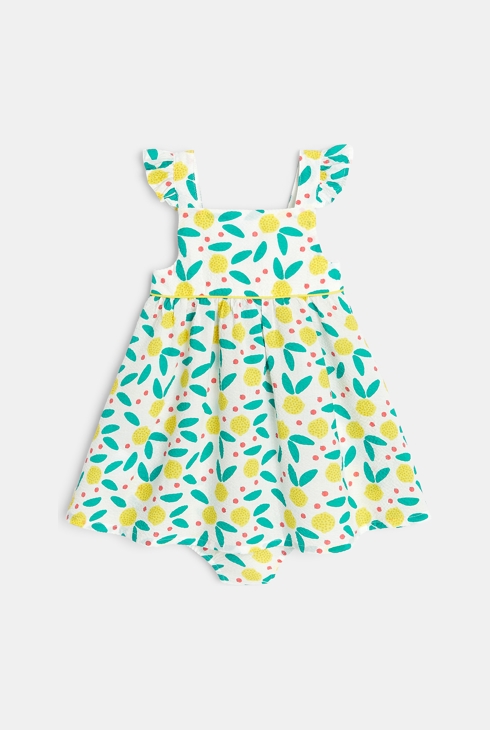 Vafljasta obleka z naramnicami s potiskom limonic in kratke hlačke  rumena dojenček deklica 2