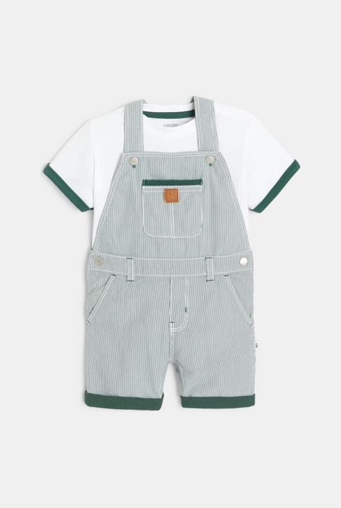 Salopette rayée courte et t-shirt verte bébé garçon 1