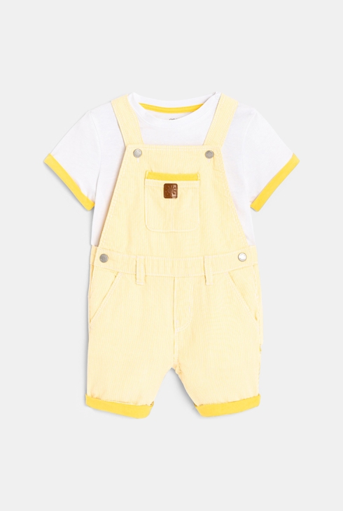 Salopette rayée courte et t-shirt jaune bébé garçon 1