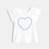 T-shirt manches volantées cœur brodé blanc bébé fille