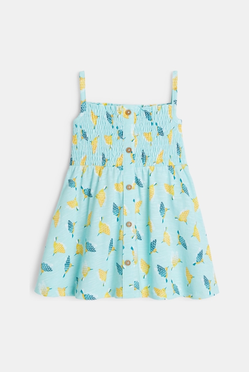 Nabrana obleka z naramnicami s potiskom ptičk modra dojenček deklica 1