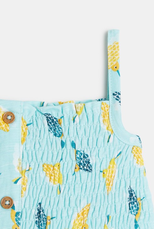 Nabrana obleka z naramnicami s potiskom ptičk modra dojenček deklica 2