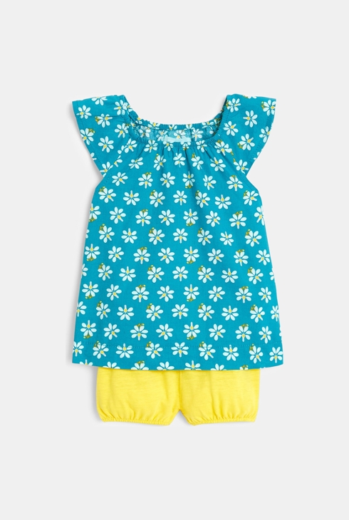 Bluza s potiskom palmic in kratke hlače modra dojenček deklica 1