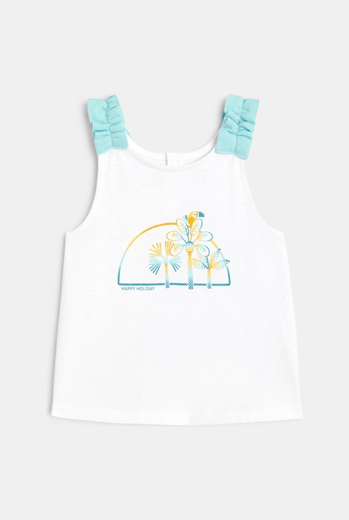 Débardeur bretelles froncées impression palmiers blanc bébé fille 1