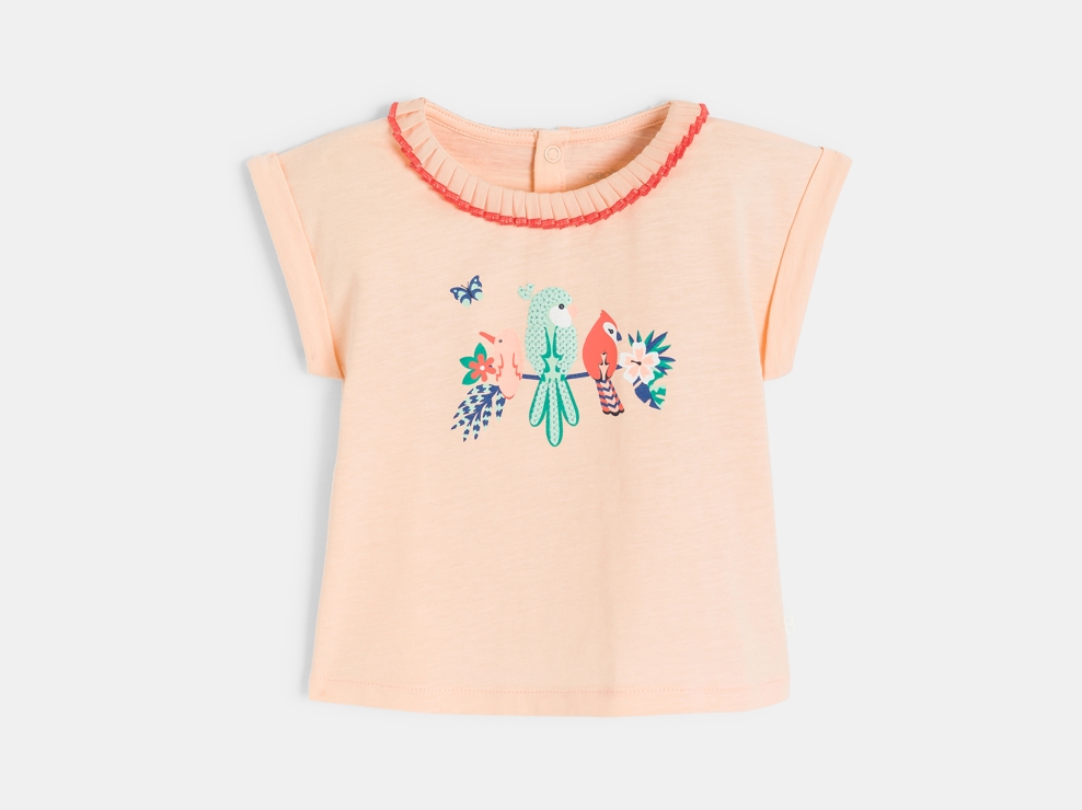 T-shirt col volanté patch oiseaux orange bébé fille 1