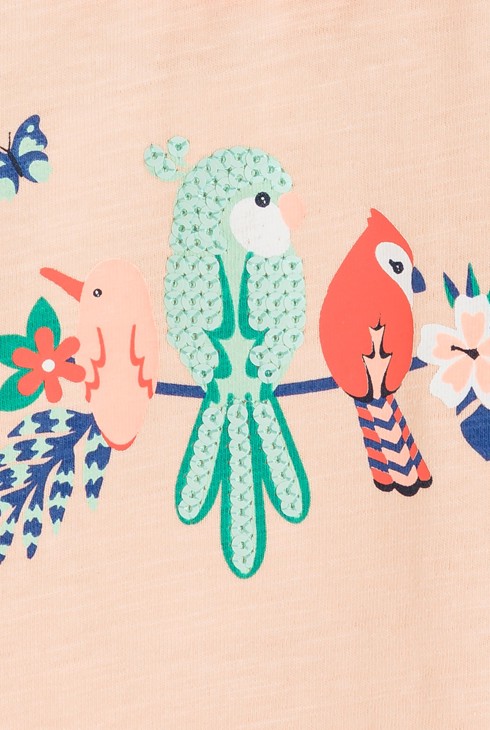 Oranges T-Shirt mit Volantkragen und Vogel-Patch Kleinkind Mädchen 2