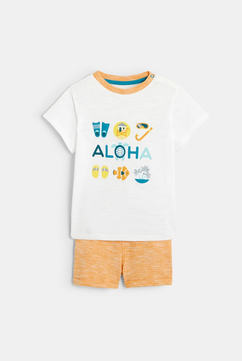 T-shirt Aloha et short micro-rayures jaune bébé garçon 1