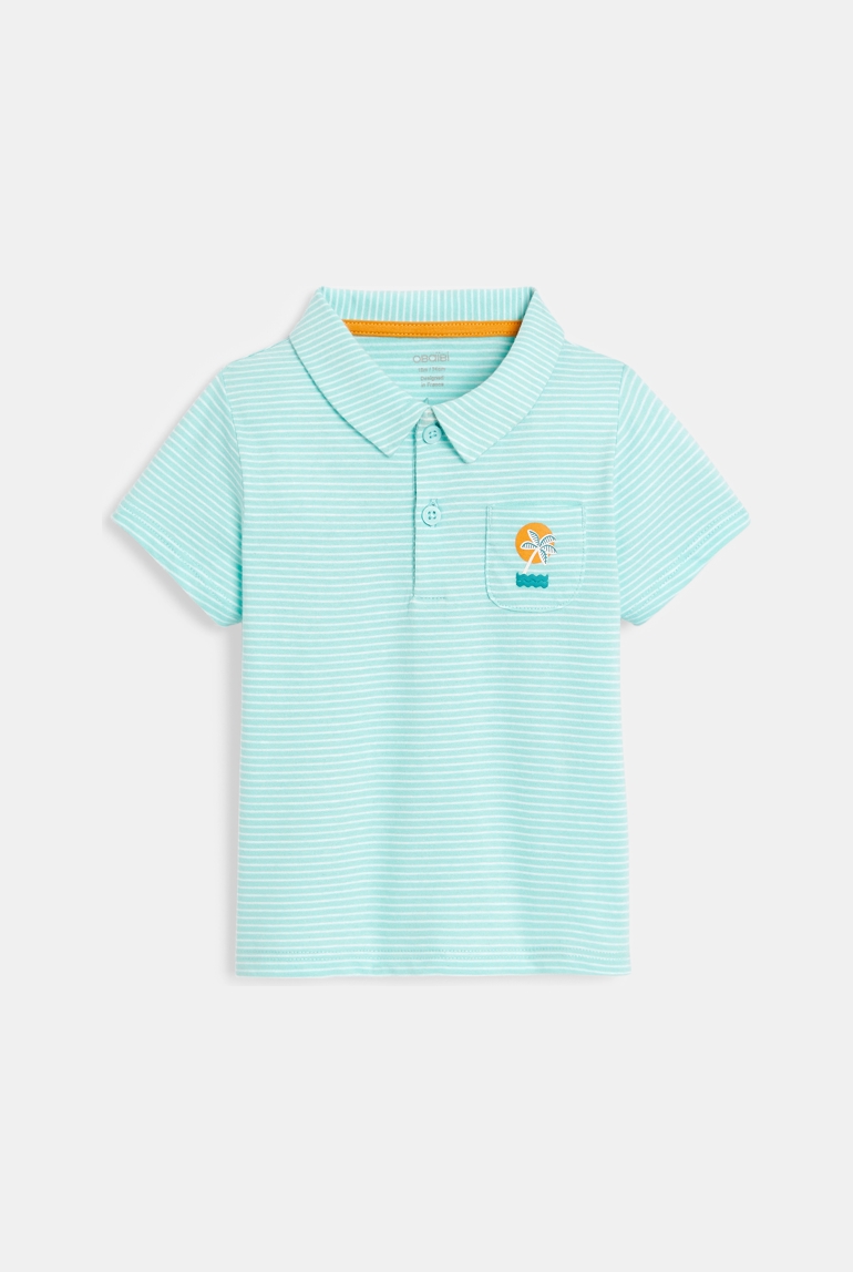 Polo fines rayures palmier poche bleu bébé garçon 1